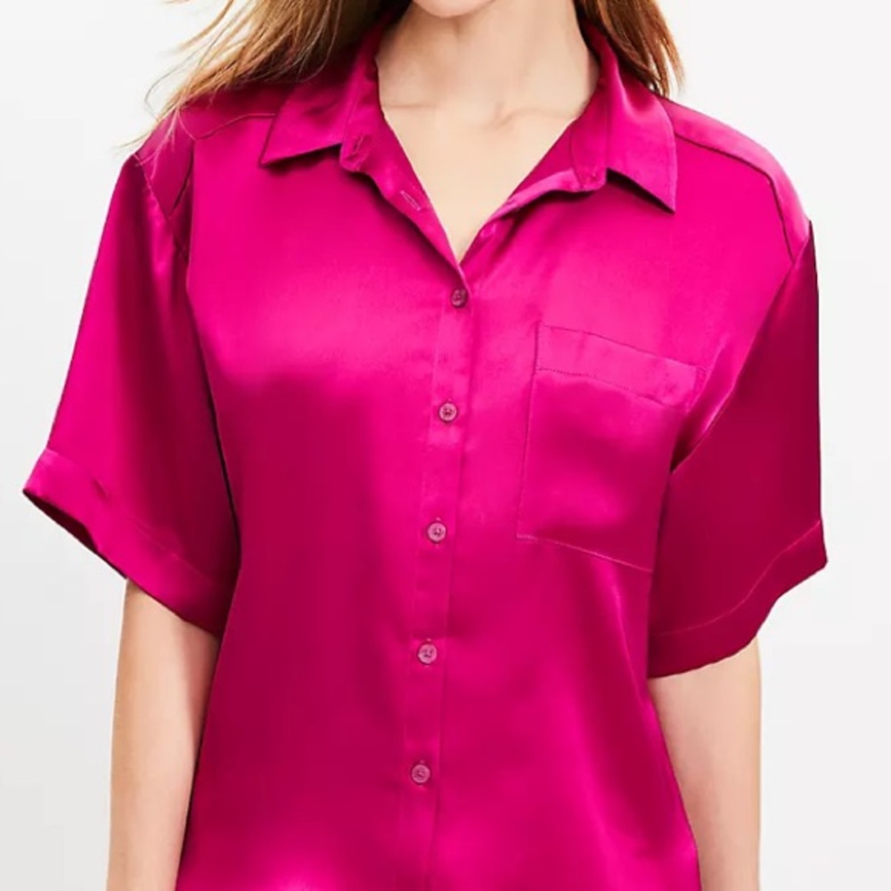 Silk House Button Down short sleeve Silk Top Blouse Shirt size Large in Pink